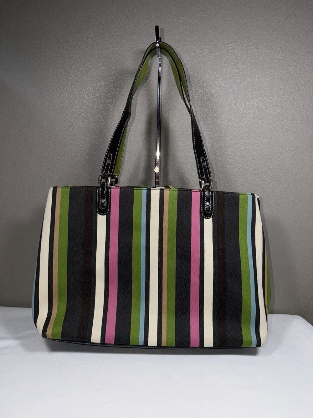 Kate Spade Canvas Vertical Multicolor Striped Tote Bag Leather Double Strap